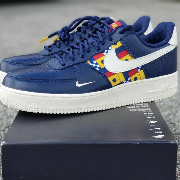 dark blue and white air force ones